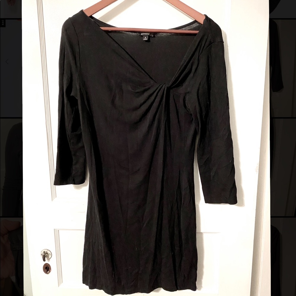 Black (left) top knot mini dress with 3/4 length sleeves.